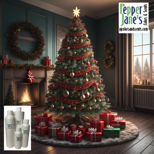 May include: A decorated Christmas tree with red and gold ornaments and ribbon, surrounded by wrapped presents in red and green paper. The tree is in a room with a fireplace and a window with a view of a snowy landscape. The text "Pepper Jane's Colors & Scents" is visible in the upper right corner of the image.