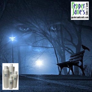May include: Four bottles of essential oil in various sizes, labeled "Pepper Jane's Colors & Scents". The bottles are on a white background. The image is a dark blue and black scene with a bench, a tree, and a crow.