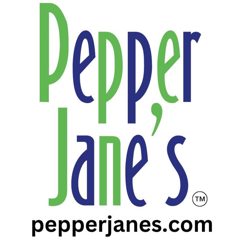 May include: The Pepper Jane's logo features the brand name in a stylized font. The word "Pepper" is in green, and "Jane's" is in blue. The website address, pepperjanes.com, is at the bottom.