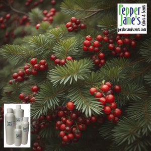 May include: Image of evergreen branches with clusters of red berries. The background features a close-up of the evergreen branches and berries. The lower left corner shows several white bottles with the text "Pepper Jane's Colors & Scents" and the website address.