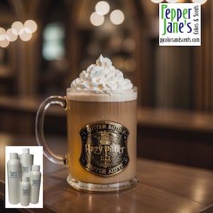 May include: A glass mug filled with a light brown beverage, topped with whipped cream. The mug has a gold emblem with the words "Harry Potter" and "Butter Beer." The image also shows several white bottles with the text "Pepper Jane's Colors & Scents."