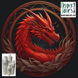 May include: A red dragon with a fierce expression is depicted in a circular design with a gold-colored border. The dragon is surrounded by stylized leaves and vines. The text "Pepper Jane's Colors & Scents" is displayed at the top of the image.