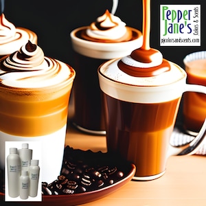 May include: An image showcases several coffee drinks with whipped cream and chocolate drizzle. A small dish of coffee beans sits in front of the mugs. The image also includes several white bottles with the text "Pepper Jane's Colors & Scents" and the website address.