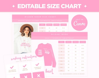 May include: A pink and white size chart for Gildan 18000 unisex and adult crewneck sweatshirts. The chart lists sizes, width, length, and sleeve measurements in inches. The chart also includes washing instructions for the sweatshirts.