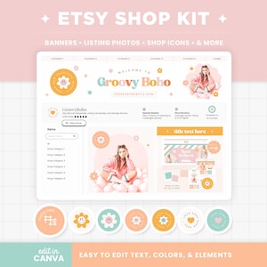 Etsy Shop Banner Templates, Groovy Boho Etsy Branding Kit Template Editable Canva Banner Mockup Templates Etsy Shop Kit - GVB