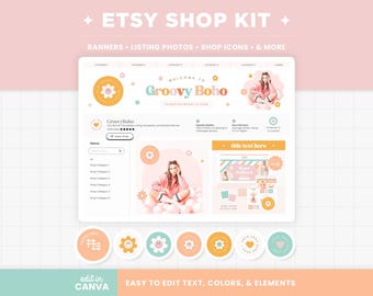Etsy Shop Banner Templates, Groovy Boho Etsy Branding Kit Template Editable Canva Banner Mockup Templates Etsy Shop Kit - GVB