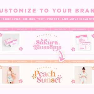 May include: A pink and white graphic design template for a business called "Sakura Blossoms". The template features a pink and white floral design with the text "Welcome to Sakura Blossoms" in a retro font. The template also includes a business card and a thank you card.