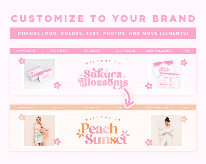 May include: A pink and white graphic design template for a business called "Sakura Blossoms". The template features a pink and white floral design with the text "Welcome to Sakura Blossoms" in a retro font. The template also includes a business card and a thank you card.