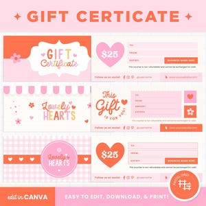Geschenkgutschein bearbeitbare Canva-Vorlage in Herzen Floral Valentine ästhetik, rosa und rot anpassbare Geschenkkarten Vorlage - LLH