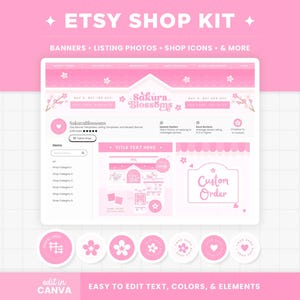 Etsy Shop Bundle - Etsy Banner Templates in Pink Sakura Cherry Blossoms Editable Etsy Branding Kit Canva Templates - Etsy Shop Kit - SKB image 1