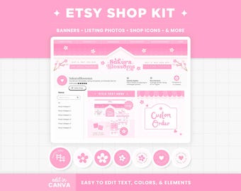 Etsy Shop Bundle - Etsy Banner Templates in Pink Sakura Cherry Blossoms Editable Etsy Branding Kit Canva Templates - Etsy Shop Kit - SKB