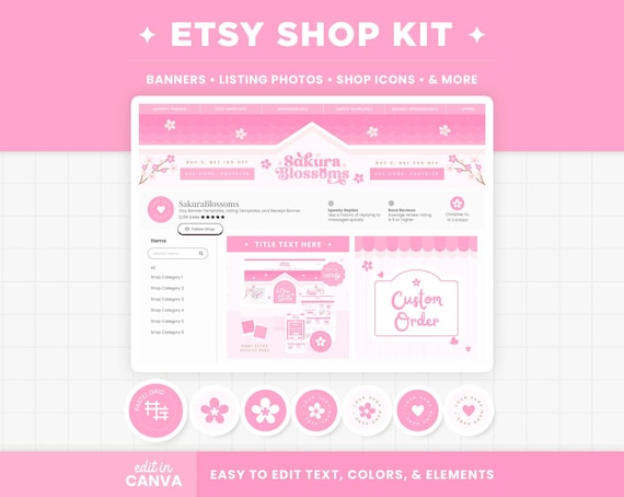 Etsy Shop Bundle - Etsy Banner Templates in Pink Sakura Cherry Blossoms Editable Etsy Branding Kit Canva Templates - Etsy Shop Kit - SKB