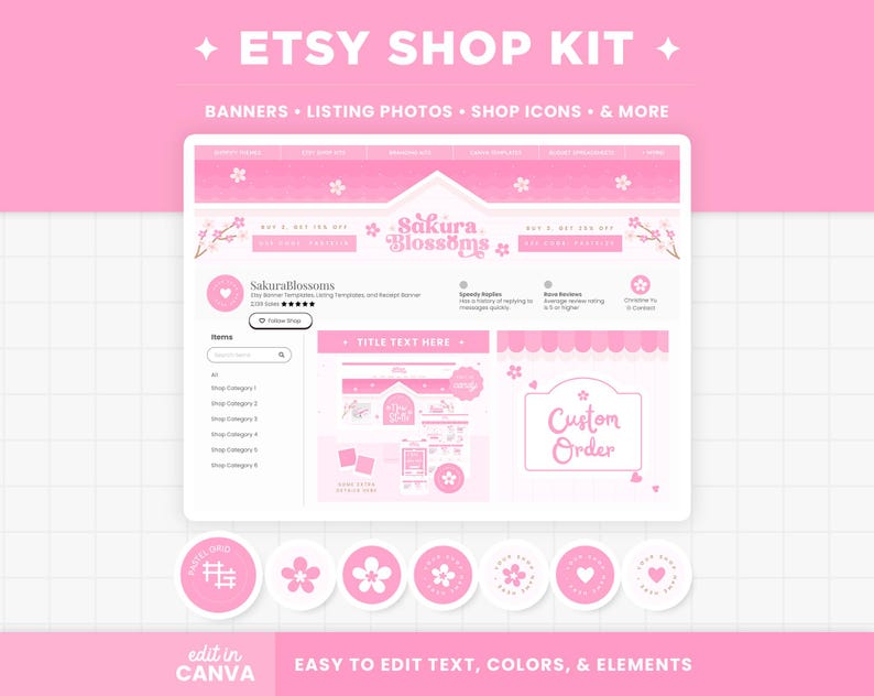 Etsy Shop Bundle - Etsy Banner Templates in Pink Sakura Cherry Blossoms Editable Etsy Branding Kit Canva Templates - Etsy Shop Kit - SKB image 1