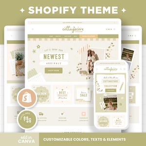 Shopify Theme Cottagecore Sage Green Customizable Shopify Template Editable Canva Banners Boutique Aesthetic Shopify Theme Design - CDR