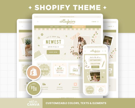 Shopify Theme Cottagecore Sage Green Customizable Shopify Template Editable Canva Banners Boutique Aesthetic Shopify Theme Design - CDR