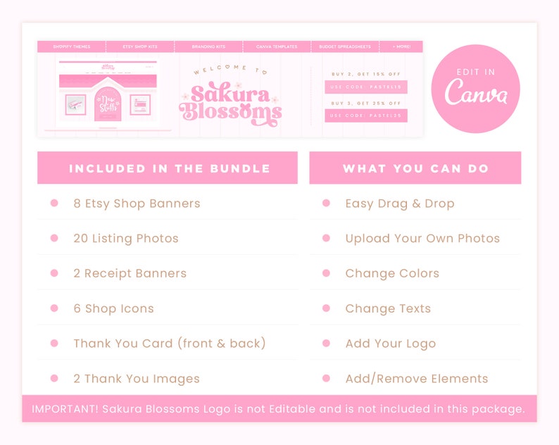 May include: Pink and white graphic design template for an Etsy shop. The template includes 8 Etsy shop banners, 20 listing photos, 2 receipt banners, 6 shop icons, a thank you card, and 2 thank you images. The template is editable in Canva and includes the text "Welcome to Sakura Blossoms".