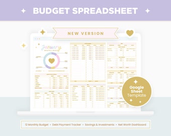 Budget Spreadsheet in Pastel Rainbow Colors, Digital Budget Planner, Annual Monthly Budget Google Sheet Template, Savings & Debt