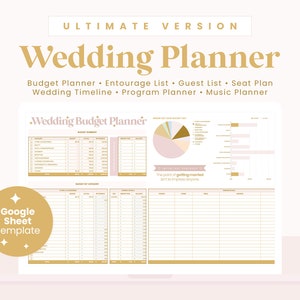 May include: A printable wedding planner template in a Google Sheet format. The template includes a budget planner, guest list, seating chart, wedding timeline, program planner, and music planner. The template is designed with a pink and gold color scheme.