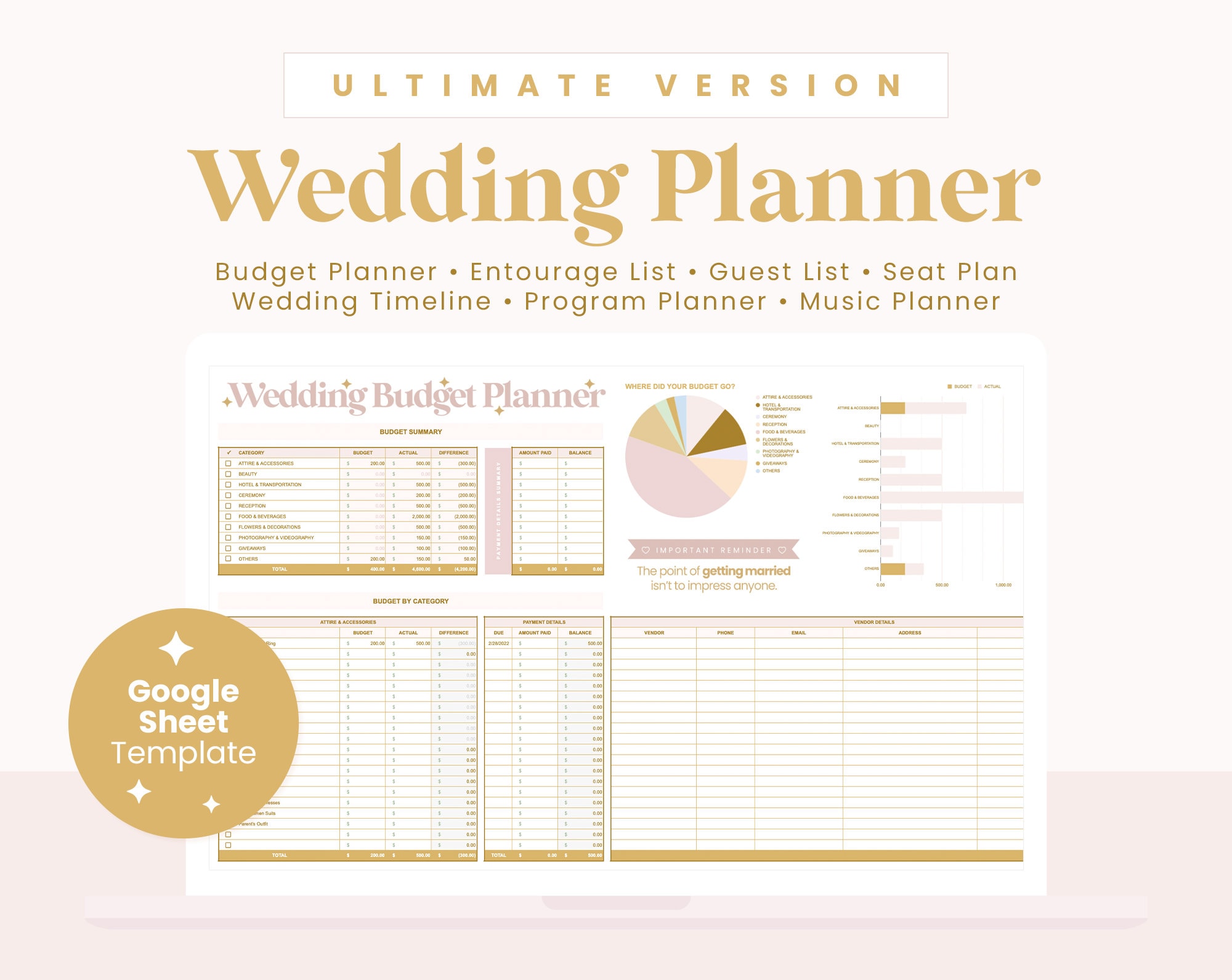 ULTIMATE Wedding Budget Planner, Checklist, Entourage or Bridal Party, Guest List, Seat Plan, Timeline, Program, Music, Google Sheets