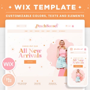 Wix Template in Peach Pink Orange - Bright Colorful Peach Beige Wix Website Theme, Editable Canva Customizable Wix Web Shop Design Templates