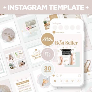 Könnte beinhalten: Eine Sammlung von 30 Instagram-Vorlagen in einem Pastellfarbschema mit floralen und geometrischen Designs. Die Vorlagen enthalten Text wie "Bestseller", "Kleines Unternehmenseigentum" und "Shop the Sale".