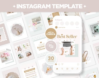Puede incluir: Una colección de 30 plantillas de Instagram en un esquema de color pastel con diseños florales y geométricos. Las plantillas presentan texto como "Best Seller", "Propietario de una pequeña empresa" y "Compra la venta".