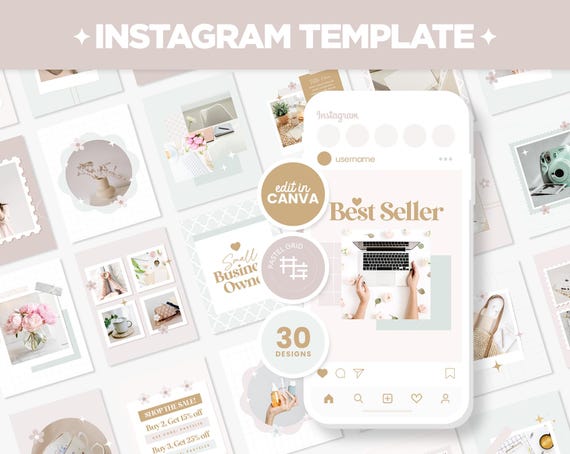 Instagram Posts Template Blush Pink Mint Green Bundle in Square Portrait Stories Canva Editable Feminine Cute Social Media Templates - PCH