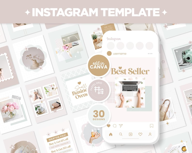 Puede incluir: Una colecci&oacute;n de 30 plantillas de Instagram en un esquema de color pastel con dise&ntilde;os florales y geom&eacute;tricos. Las plantillas presentan texto como "Best Seller", "Propietario de una peque&ntilde;a empresa" y "Compra la venta".