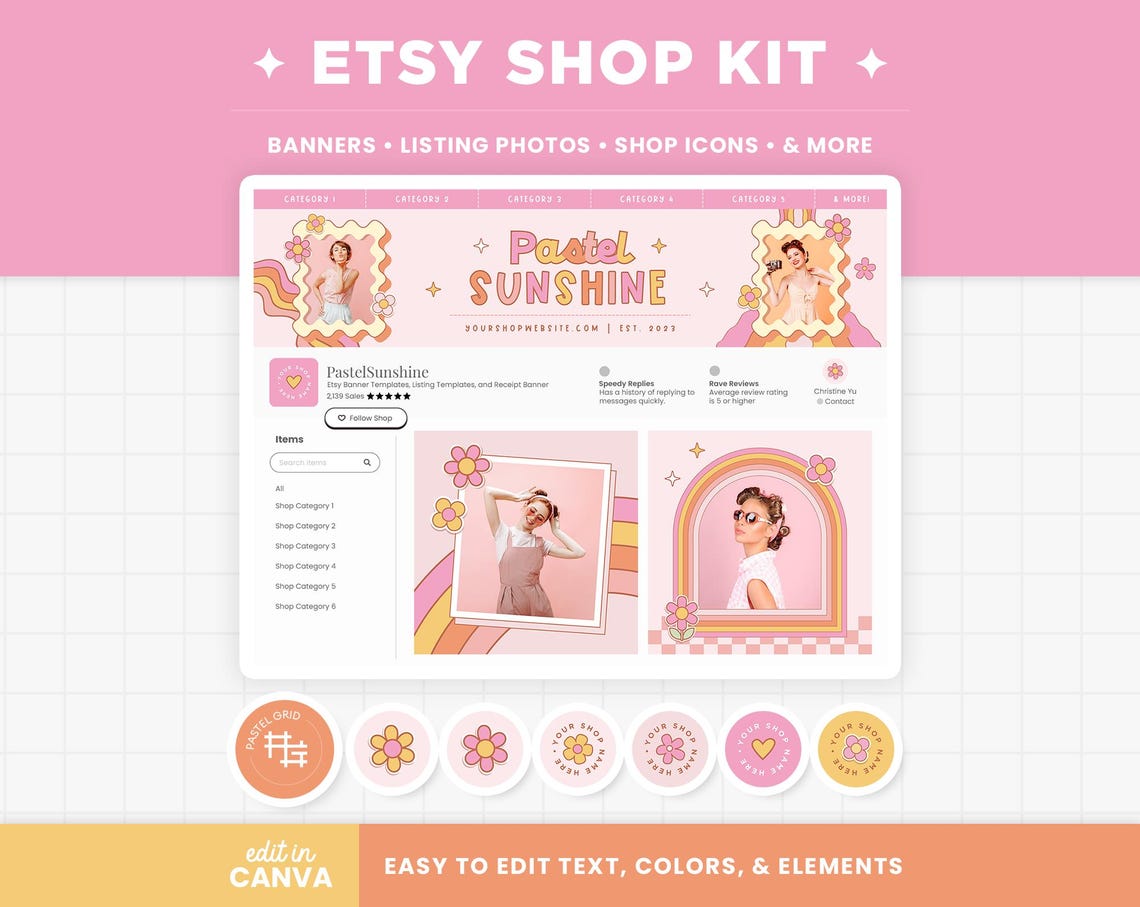 Etsy Shop Banner Templates Pastel Pink Orange Retro Groovy Aesthetic ...