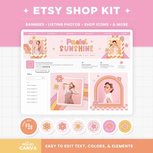 Plantillas de banner para tienda de Etsy, diseño retro, elegante, rosa pastel y naranja, maqueta de banner editable de Canva, paquete de tienda - PTS imagen 1
