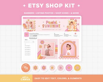 Plantillas de banner para tienda de Etsy, diseño retro, elegante, rosa pastel y naranja, maqueta de banner editable de Canva, paquete de tienda - PTS