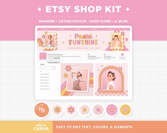 Etsy Shop Banner Templates Pastel Pink Orange Retro Groovy Aesthetic Etsy Banner Kit Template Editable Canva Banner Mockup Shop Bundle - PTS