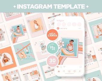 Instagram Posts Template Boho Pastel Groovy Rainbow Bundle in Square Portrait Stories Canva Editable Orange Cute Social Media Templates  BPT