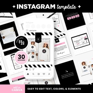 May include: A digital Instagram template set featuring a collection of black, white, and pink graphic layouts. The design includes a central smartphone mockup displaying a grid of social media posts, surrounded by various square templates with text, icons, and photo placeholders. The overall aesthetic is monochromatic with pink accents, designed for editing in Canva.