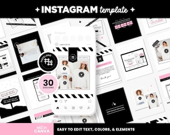 Puede incluir: Un conjunto de plantillas digitales para Instagram que presenta una colección de diseños gráficos en negro, blanco y rosa. El diseño incluye una maqueta de teléfono inteligente central que muestra una cuadrícula de publicaciones, rodeada de varias plantillas cuadradas con texto, iconos y marcadores de posición para fotos. La estética es monocromática con acentos rosas, diseñada para editar en Canva.