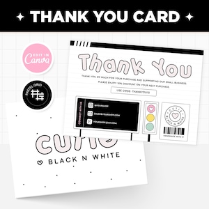Dankeskartenvorlage Bearbeitbar in Canva, Schwarz Rosa Weiß Anpassbares Dankeskartendesign in Cutie Black N White Collection - CBW