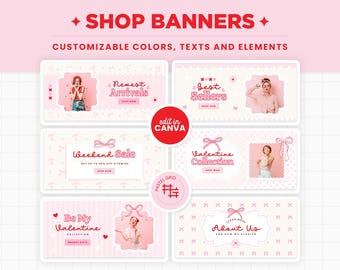 Bannières de boutique Coquette rose rouge noeuds modifiables via Canva, bannières Shopify couleurs personnalisables bannière de site Web Design de boutique e-commerce - CQP