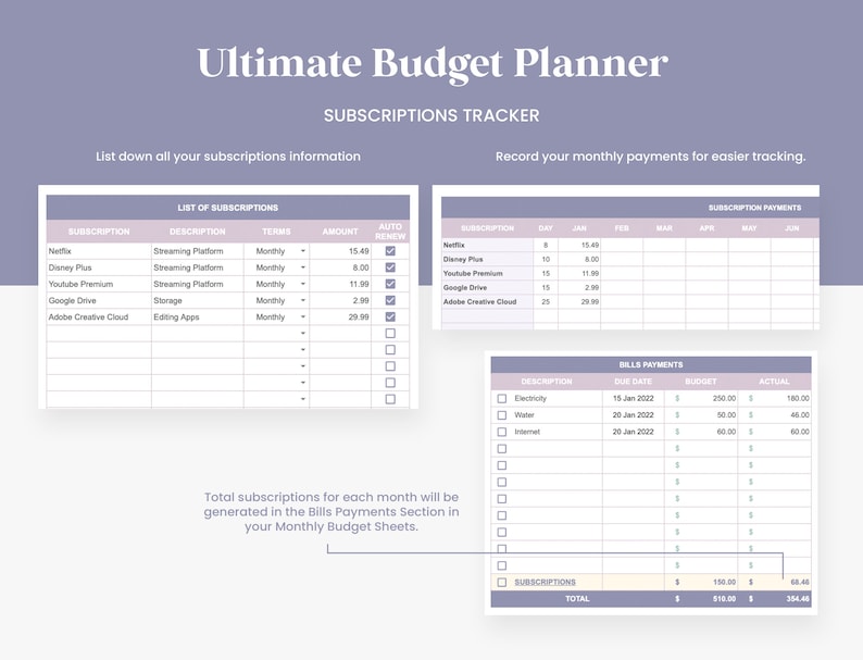 Purple Budget Spreadsheet Extended Digital Budget Planner Etsy