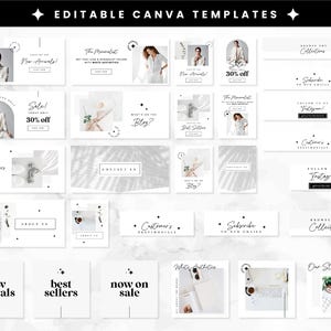 Peut inclure: Un ensemble de 18 mod&egrave;les Canva modifiables pour le marketing sur les m&eacute;dias sociaux. Les mod&egrave;les pr&eacute;sentent une esth&eacute;tique minimaliste avec des fonds blancs et du texte noir. Certains mod&egrave;les incluent des images de v&ecirc;tements, de bijoux et d'autres produits. Le texte sur les mod&egrave;les comprend des phrases comme "Nouveaut&eacute;s", "Meilleurs vendeurs", "Soldes ! 30 % de r&eacute;duction", "Le minimalisme", "Quoi de neuf sur le blog ?", "Contactez-nous", "Favoris des clients", "Abonnez-vous &agrave; nos e-mails", "Parcourez les collections", "Suivez-nous sur Instagram !", "Notre histoire", "Esth&eacute;tique blanche", "Nouveaut&eacute;s", "Meilleurs vendeurs", "En vente maintenant".