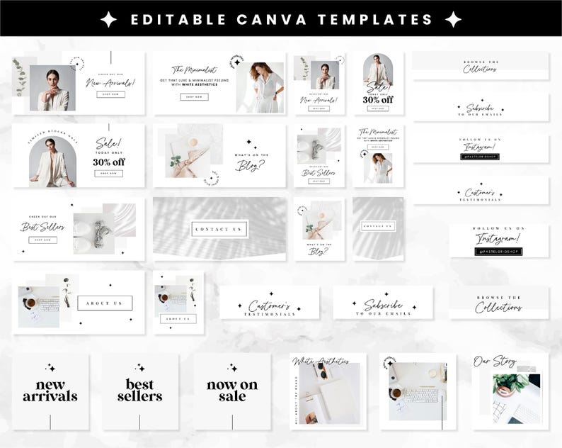 Peut inclure: Un ensemble de 18 mod&egrave;les Canva modifiables pour le marketing sur les m&eacute;dias sociaux. Les mod&egrave;les pr&eacute;sentent une esth&eacute;tique minimaliste avec des fonds blancs et du texte noir. Certains mod&egrave;les incluent des images de v&ecirc;tements, de bijoux et d'autres produits. Le texte sur les mod&egrave;les comprend des phrases comme "Nouveaut&eacute;s", "Meilleurs vendeurs", "Soldes ! 30 % de r&eacute;duction", "Le minimalisme", "Quoi de neuf sur le blog ?", "Contactez-nous", "Favoris des clients", "Abonnez-vous &agrave; nos e-mails", "Parcourez les collections", "Suivez-nous sur Instagram !", "Notre histoire", "Esth&eacute;tique blanche", "Nouveaut&eacute;s", "Meilleurs vendeurs", "En vente maintenant".