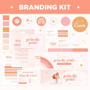 Branding Kit Peach Pink Canva Templates Editable Business Cards, Thank You Cards, Facebook Cover, Instagram Highlights, Youtube, Twitter