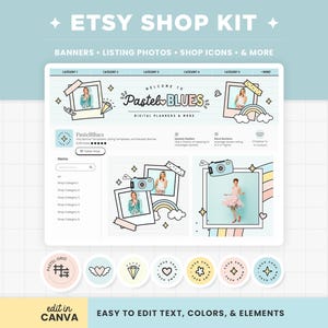 Plantillas de banner para tienda Etsy, kit de marca Etsy editable en colores pastel azul y amarillo, plantillas de banner Canva, diseño de tienda Etsy - PTB imagen 1