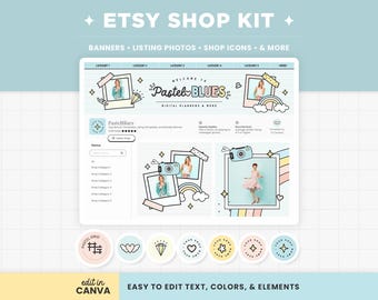 Plantillas de banner para tienda Etsy, kit de marca Etsy editable en colores pastel azul y amarillo, plantillas de banner Canva, diseño de tienda Etsy - PTB