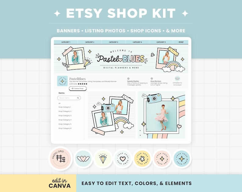 Plantillas de banner para tienda Etsy, kit de marca Etsy editable en colores pastel azul y amarillo, plantillas de banner Canva, diseño de tienda Etsy - PTB imagen 1
