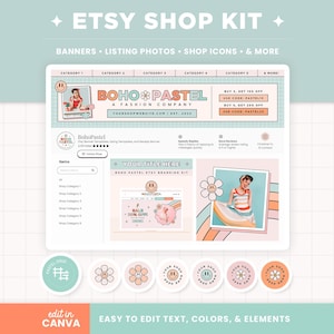 Etsy Shop Banner Templates Boho Pastel Retro Groovy Aesthetic Etsy Branding Kit Template Editable Canva Banner Mockup Etsy Shop Bundle - BPT