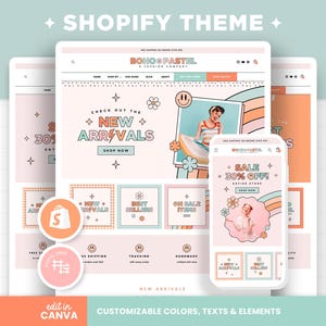 Shopify Theme Boho Pastell Groovy Rainbow anpassbare Shopilly-Vorlage bearbeitbare Canva Banner Retro Smiley-Design, helle Farben Shop - BPT