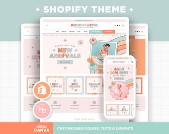 Shopify Theme Boho Pastell Groovy Rainbow anpassbare Shopilly-Vorlage bearbeitbare Canva Banner Retro Smiley-Design, helle Farben Shop - BPT