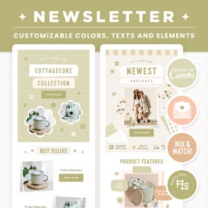 Design de boletim informativo editável no Canva, modelos de e-mail personalizáveis estéticos Cottagecore para campanha ativa Klaviyo Mailchimp Flodesk - CDR