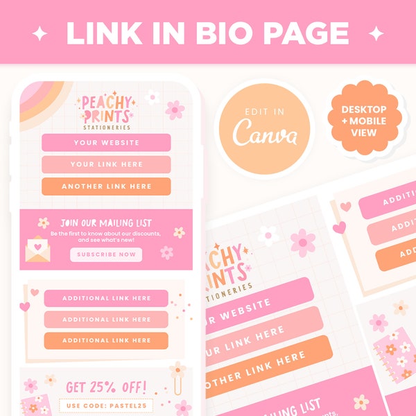 Link in Bio Canva Editable Template  in Peach Pink Orange Colors - Instagram Link Landing Page - Colorful Girly Link in Bio Page Design