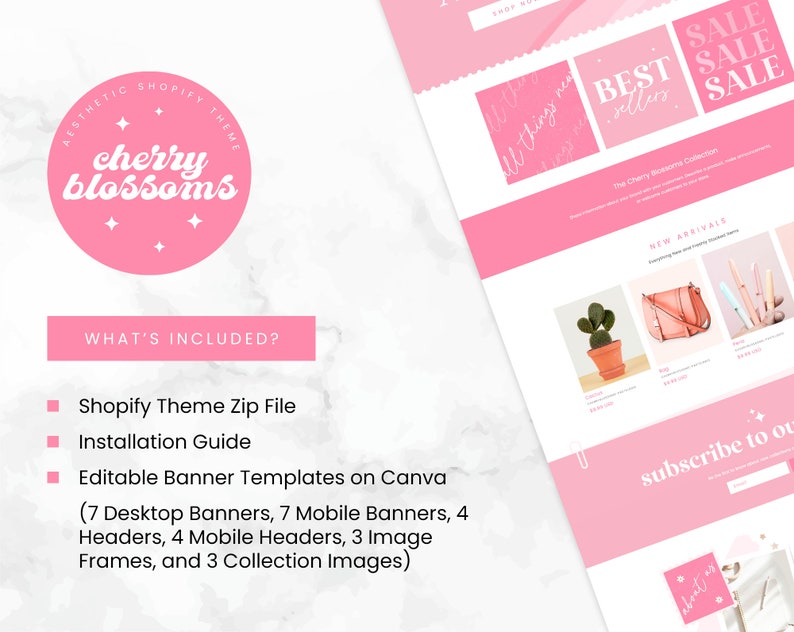 May include: A pink and white Shopify theme with the text "cherry blossoms" in a circle. The theme includes 7 desktop banners, 7 mobile banners, 4 headers, 4 mobile headers, 3 image frames, and 3 collection images.